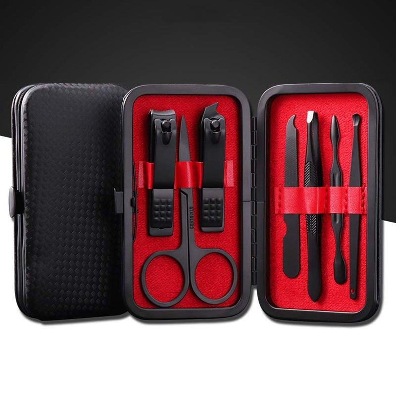 Aubcee Nail Clipper Set, Manicure, Pedicure Kit, 7 in 1 Black Stainless Steel Professional Grooming Kit with Black Leather Travel Case - Image 1